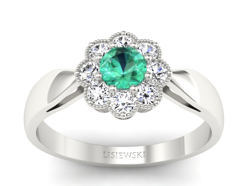 Pierścionek ze szmaragdem i brylantami białe złoto - p16478bsm