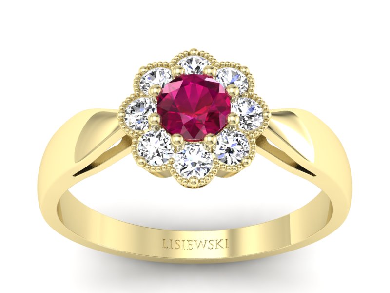 Złoty pierścionek z rubinem i brylantami - p16478zr