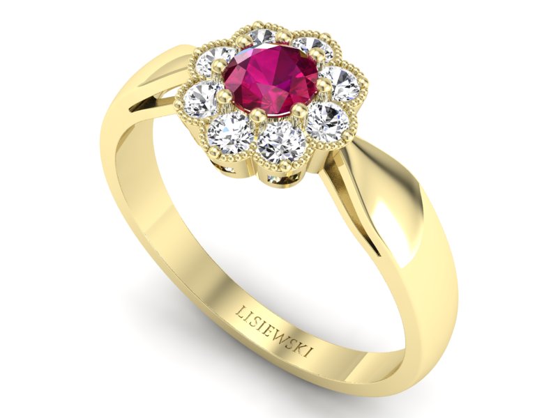Złoty pierścionek z rubinem i brylantami - p16478zr — zdjęcie 3