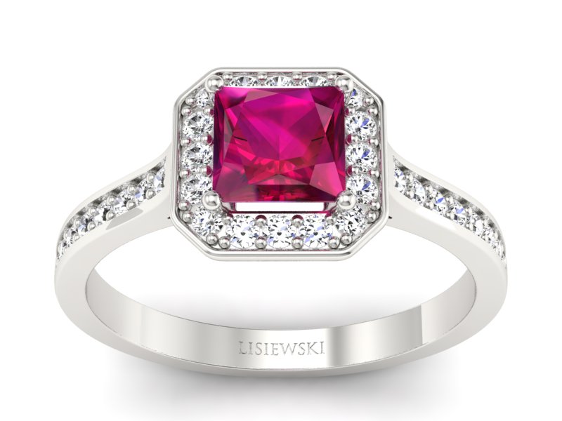 Pierścionek z rubinem i brylantami białe złoto - p16480br