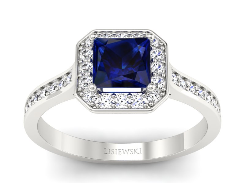 Pierścionek z szafirem i brylantami białe złoto - p16480bsz