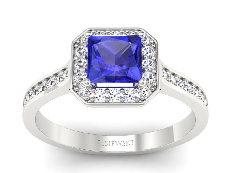 Pierścionek z szafirem i brylantami białe złoto - p16480bszc