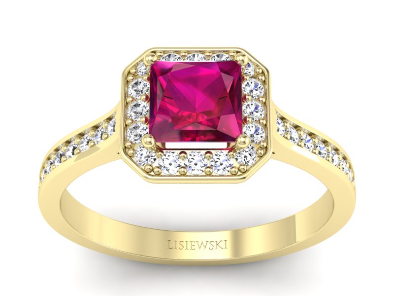 Złoty pierścionek z rubinem i brylantami - p16480zr