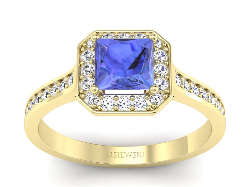 Pierścionek z tanzanitem i brylantami żółte złoto - p16480zt