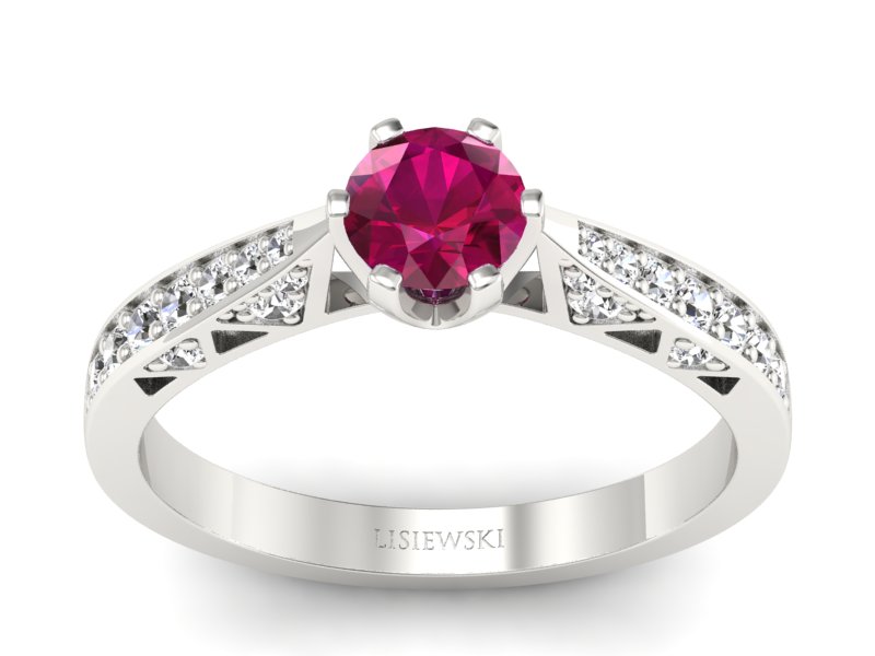 Pierścionek z rubinem i brylantami białe złoto - p16548br