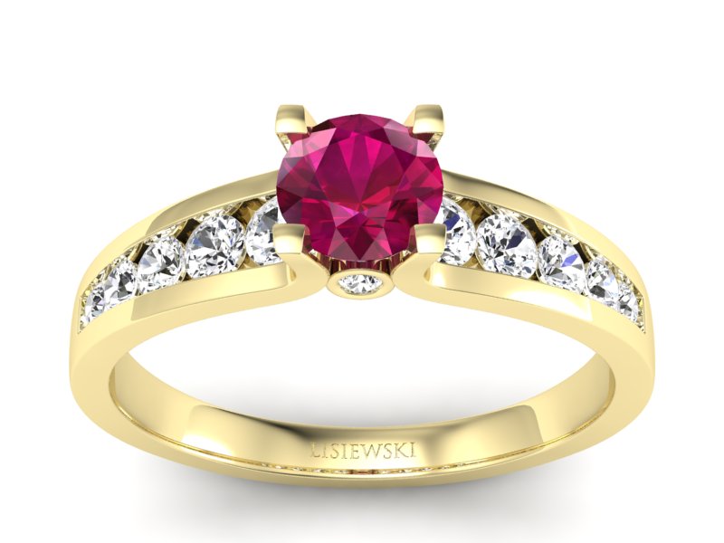 Pierścionek z rubinem i brylantami żółte złoto - p16571zr