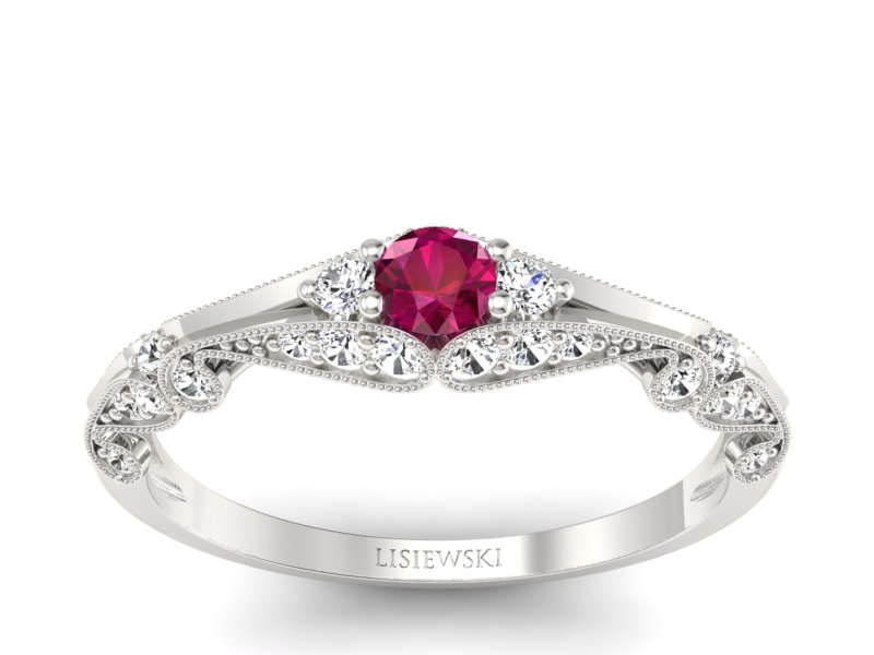 Pierścionek z rubinem i diamentami białe złoto - p16589br