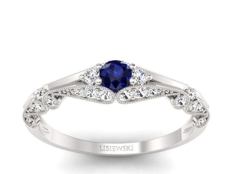 Pierścionek z szafirem i diamentami białe złoto - p16589bsz