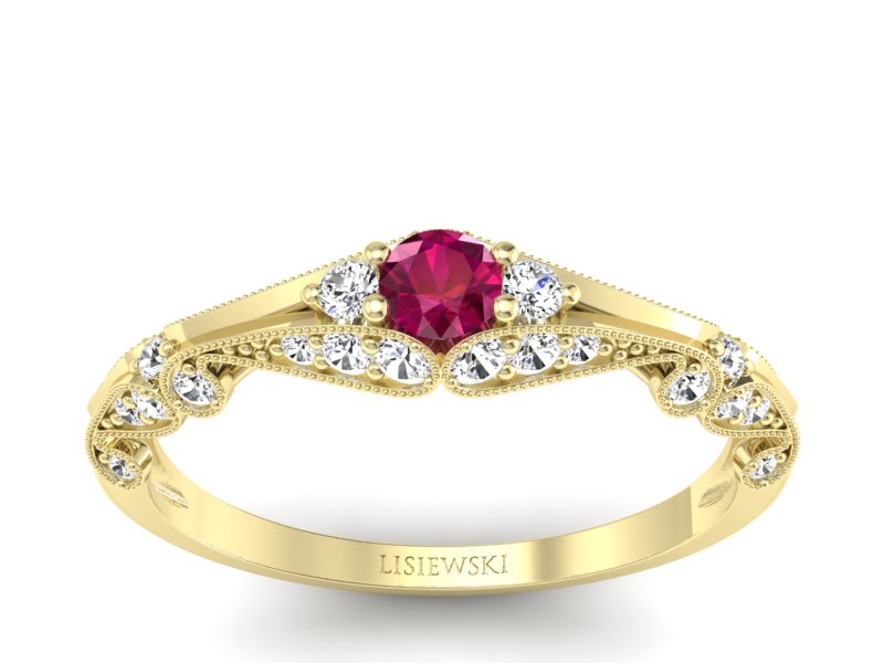 Złoty pierścionek z rubinem i diamentami - p16589zr