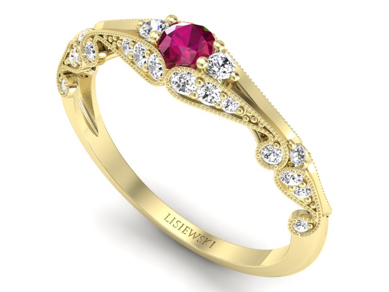 Złoty pierścionek z rubinem i diamentami - p16589zr — zdjęcie 3