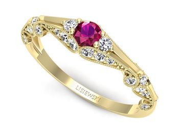 Złoty pierścionek z rubinem i diamentami - p16589zr - 1