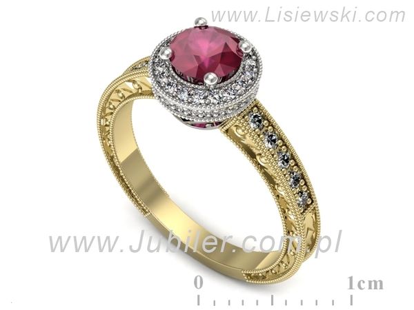 Pierścionek z rubinem i diamentami w białym i żółtym złocie - p16591zbr- 1
