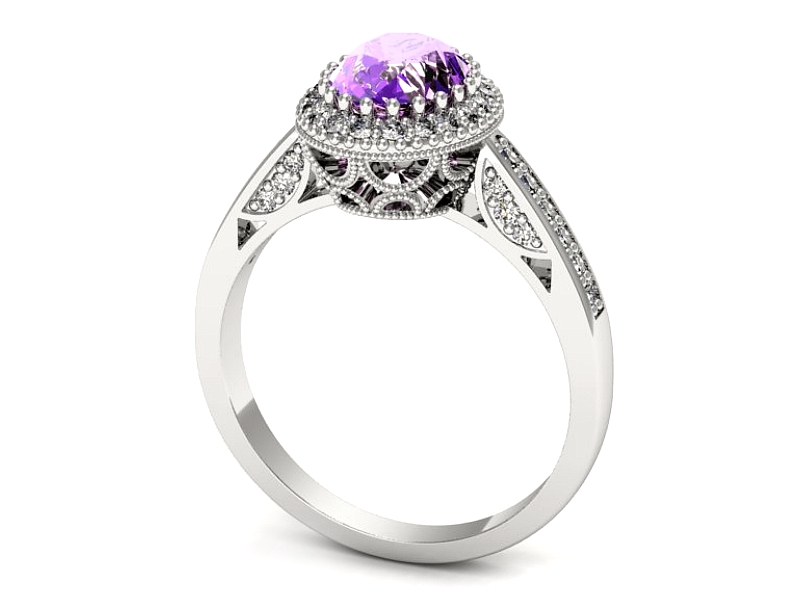 Złoty pierścionek z ametystem i brylantami - p16595bat — zdjęcie 3