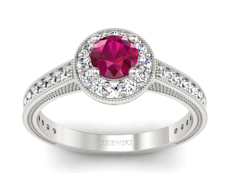 Pierścionek z rubinem i brylantami białe złoto - p16629br