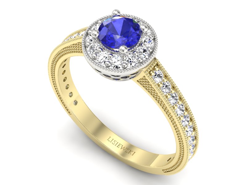 Złoty pierścionek z szafirem i diamentami - p16629zbszc — zdjęcie 3