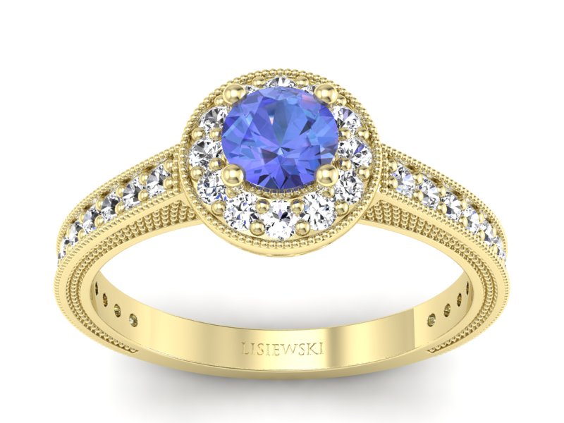 Pierścionek z tanzanitem i brylantami żółte złoto - p16629zt