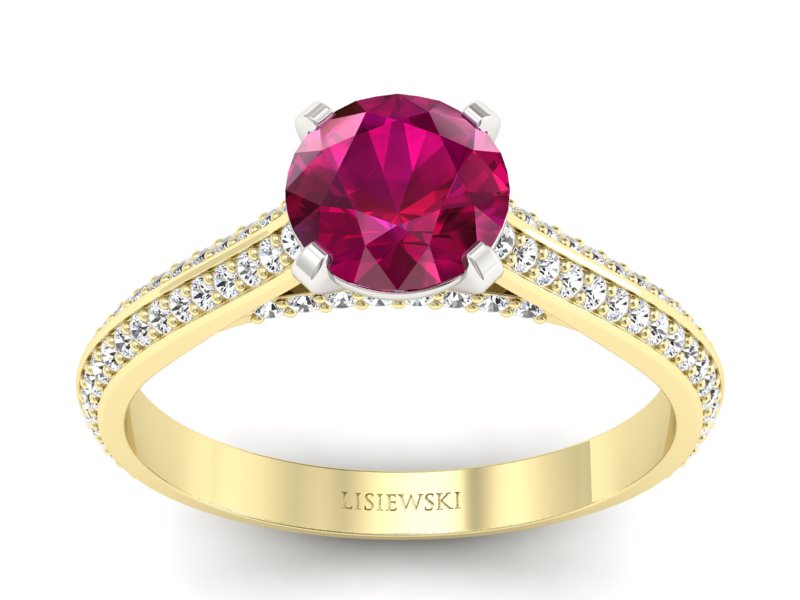 Złoty pierścionek z rubinem i diamentami - p16657zbr