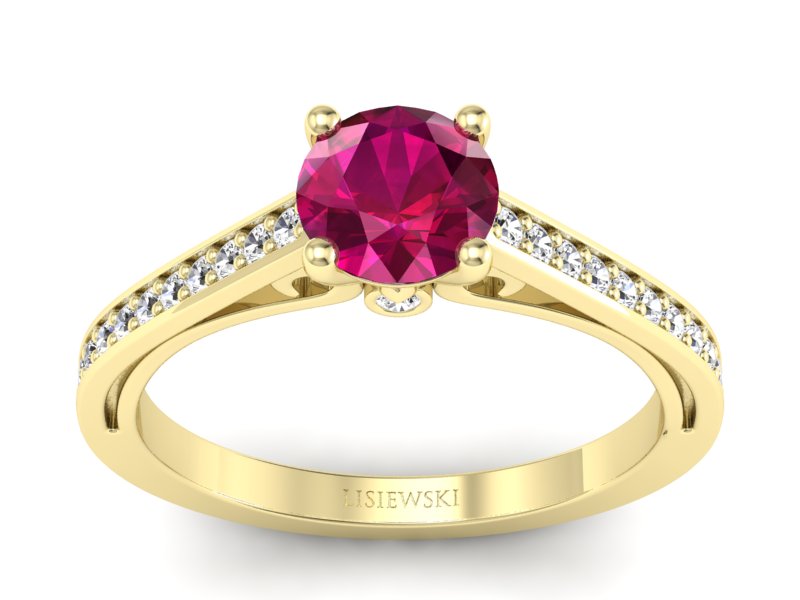 Pierścionek z rubinem i brylantami żółte złoto - p16699zr