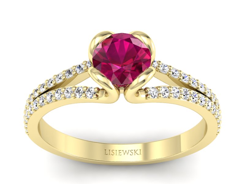 Pierścionek z rubinem i brylantami żółte złoto - p16707zr