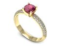 Pierścionek zaręczynowy z rubinem i diamentami żółte złoto — p16710zr