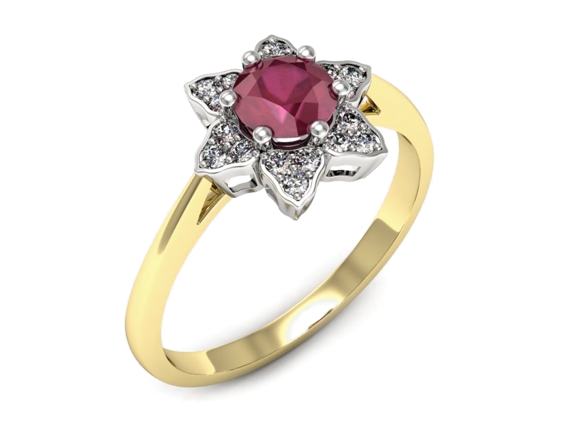 Pierścionek z rubinem i brylantami żółte złoto - p16764zbr