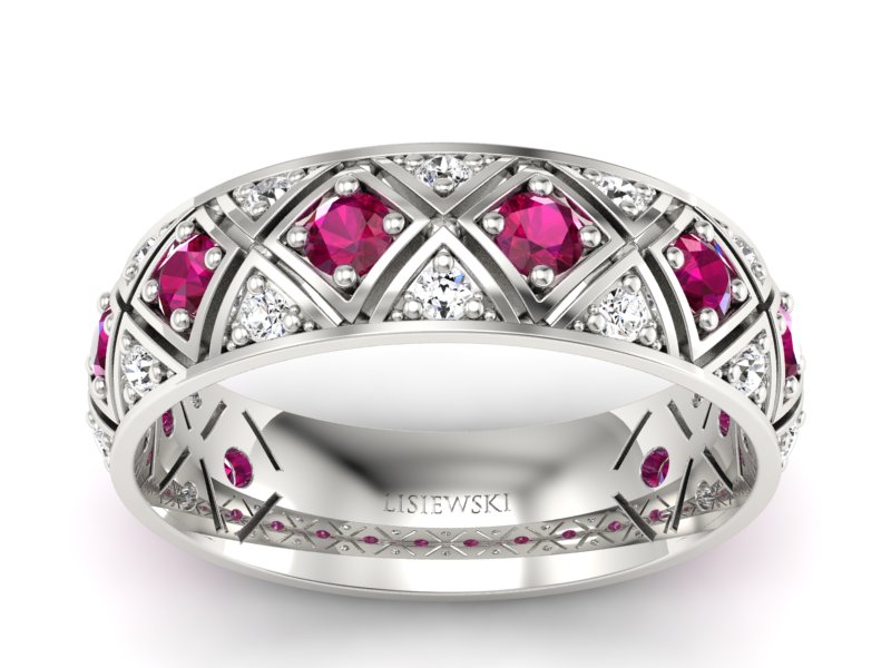 Obrączka z brylantami białe złoto i rubinami - p16770br
