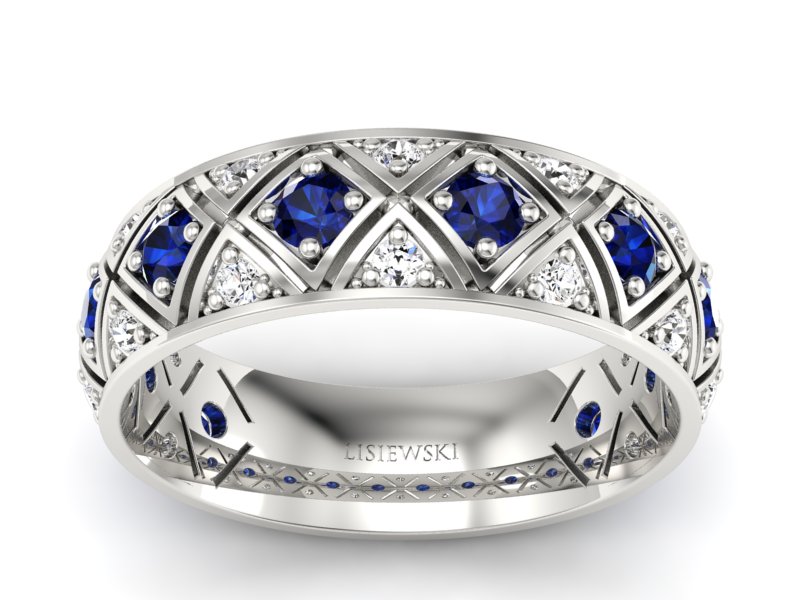 Obrączka z brylantami i szafirami białe złoto - p16770bsz