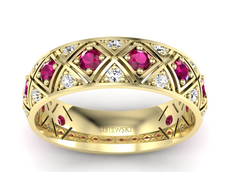 Obrączka z brylantami żółte złoto i rubinami - p16770zr