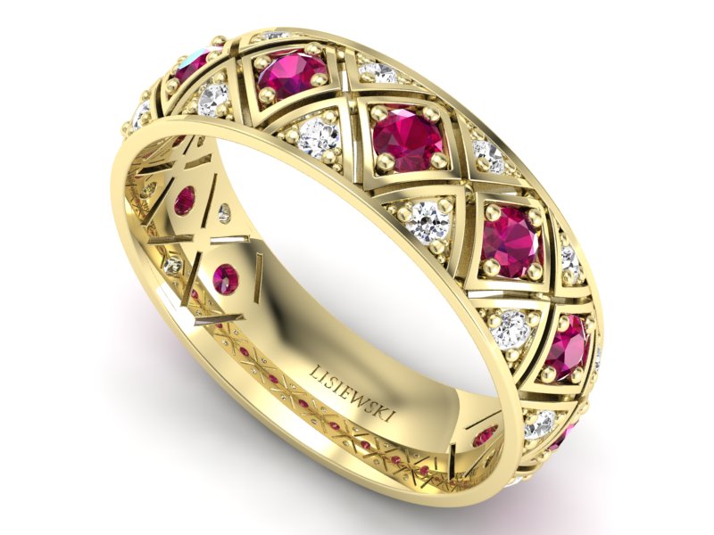 Obrączka z brylantami żółte złoto i rubinami - p16770zr — zdjęcie 3