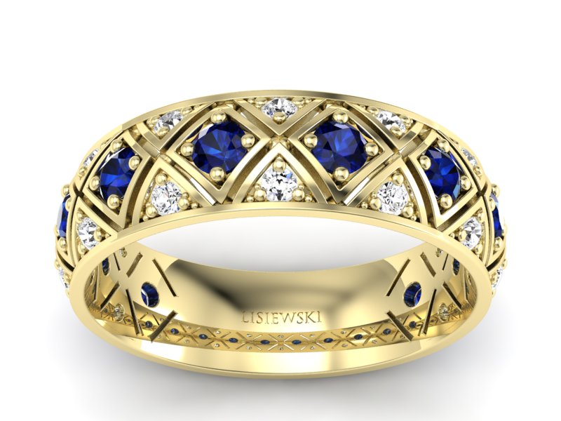 Obrączka z brylantami i szafirami żółte złoto - p16770zsz