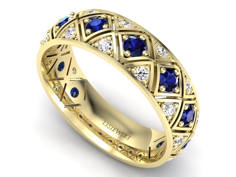 Obrączka z brylantami i szafirami żółte złoto - p16770zsz — zdjęcie 3