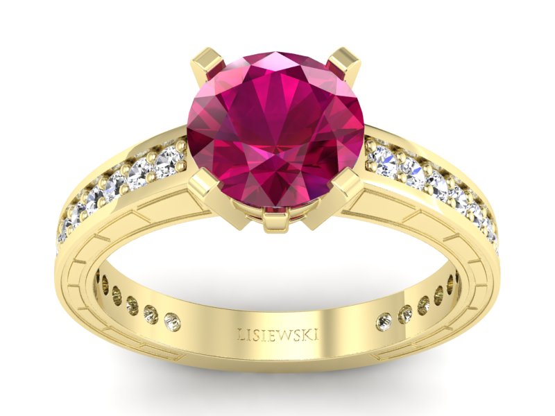 Pierścionek z rubinem i brylantami żółte złoto - p16779zr