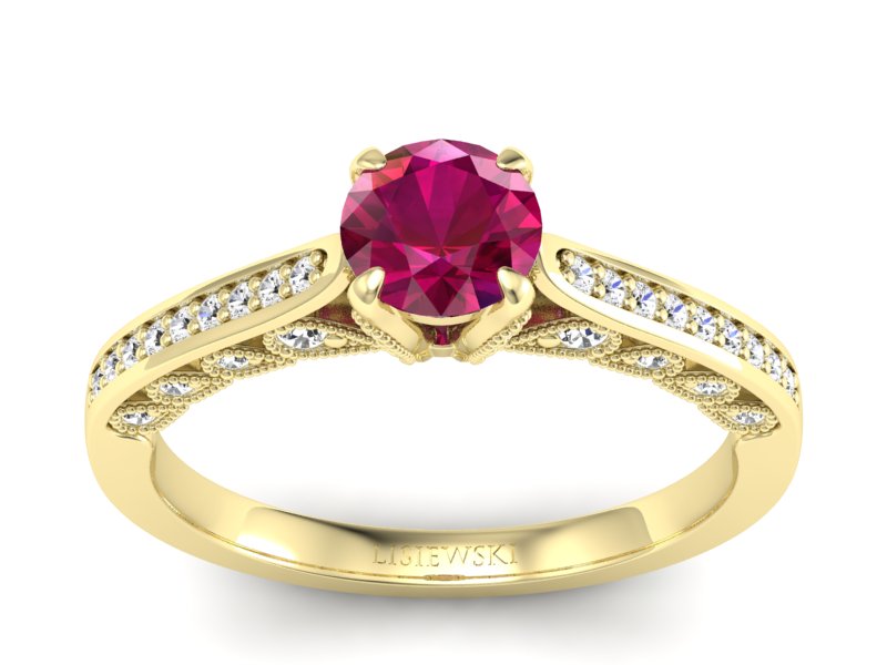 Pierścionek z rubinem i brylantami żółte złoto - p16812zr