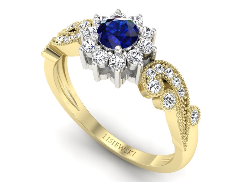 Złoty pierścionek z szafirem i brylantami - p16897zbsz — zdjęcie 3