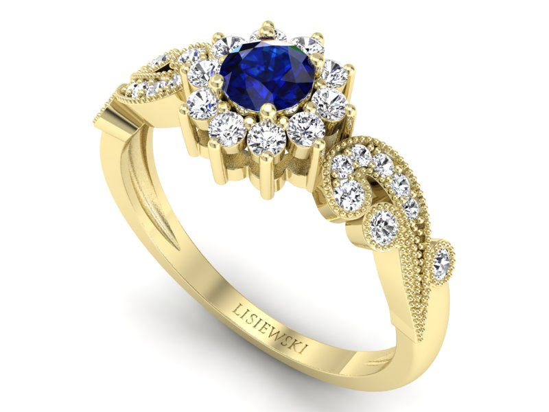 Pierścionek z szafirem i brylantami żółte złoto - p16897zsz — zdjęcie 3