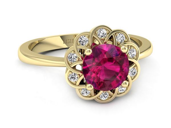 Złoty pierścionek z rubinem i diamentami - p16971zr