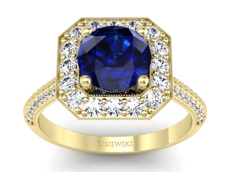Złoty pierścionek z szafirem i diamentami - p16974zsz