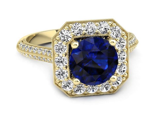 Złoty pierścionek z szafirem i diamentami - p16974zsz