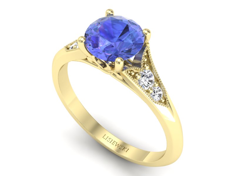 Złoty pierścionek z tanzanitem i diamentami - p16980zt — zdjęcie 3